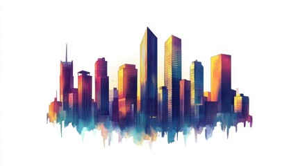 Obraz premium Vibrant city skyline illustration showcasing towering skyscrapers in a stunning blend of colors. Perfect for modern design.