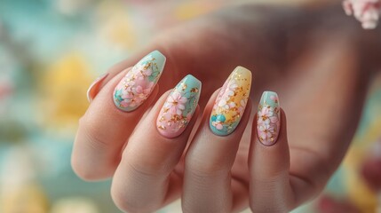 Closeup of a woman's hand with floral nail art.
