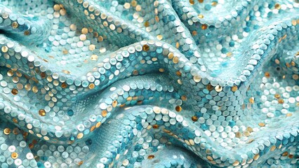 Aqua blue sequin fabric with gold accents in ripple pattern for oceanic themes