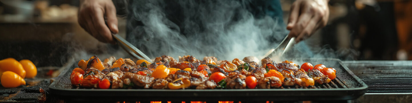 A man is cooking food on a grill. Wide format image, website header.