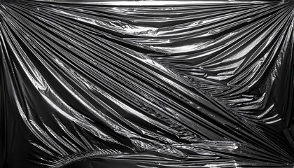 Fototapeta premium Close-up of Shiny, Crumpled Black Plastic Sheet with Reflective Textures and Dramatic Folds in Abstract Geometric Patterns