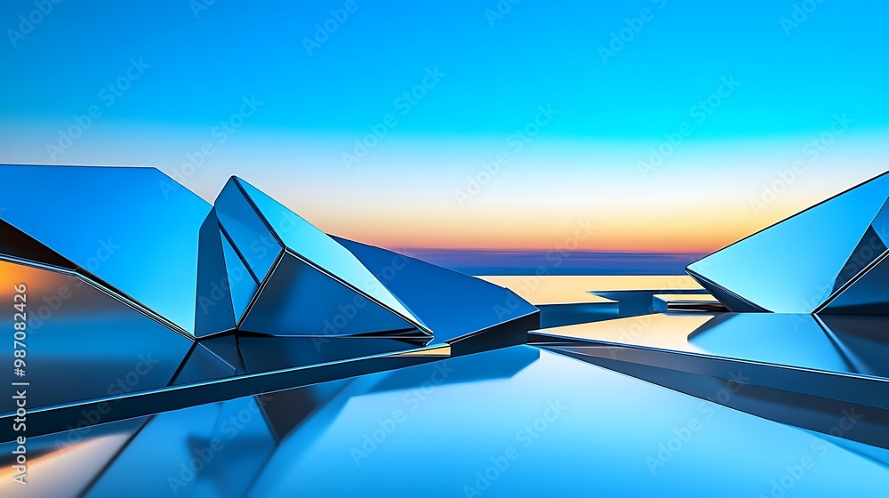 Poster abstract geometric shapes with reflections at sunset.