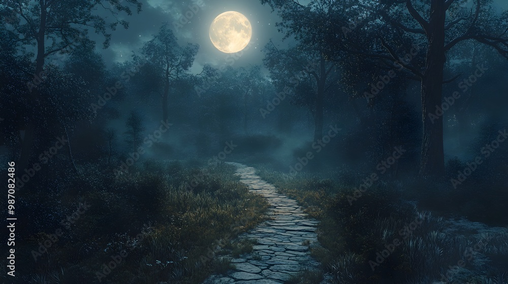 Poster moonlit forest path leading to nowhere evoking a contemplative and introspective journey through lif