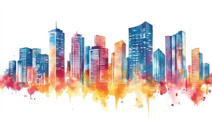 Fototapeta premium Vibrant watercolor city skyline with colorful buildings and artistic splashes, perfect for modern art and urban themes.