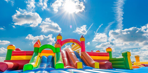Inflatable bouncy castle on blue sky background with sun and clouds