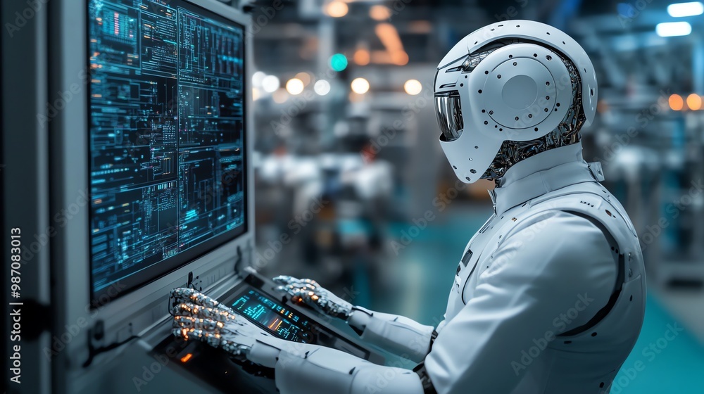 Poster a humanoid robot with a white helmet works on a computer in a futuristic industrial setting.