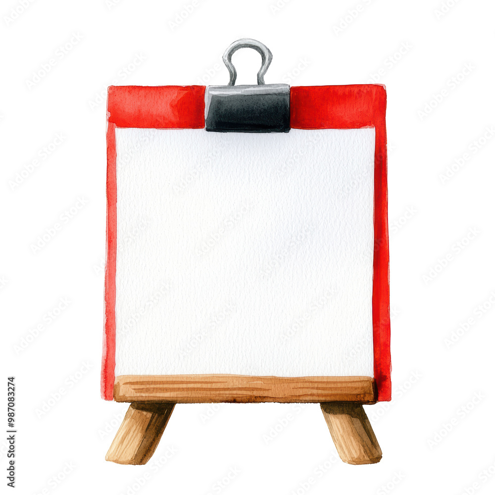 Poster wooden easel with red frame and blank canvas isolated on transparent background