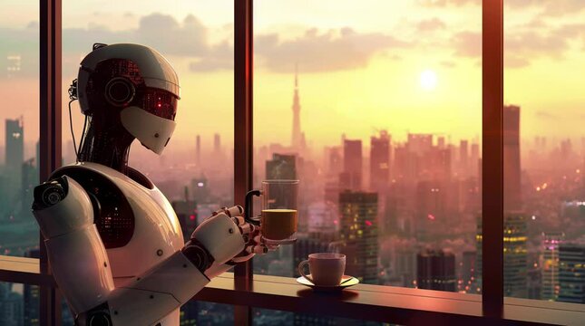 Robot enjoying coffee by apartment window with a cityscape view during evening, blending technology and serene urban ambiance
 Seamless looping 4k time-lapse virtual video animation Generated AI