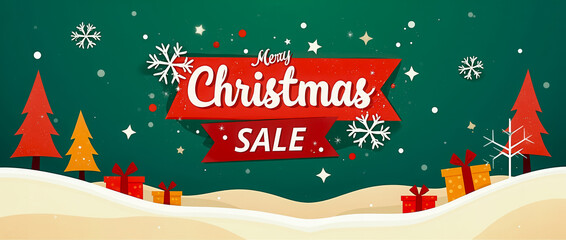 A festive banner announces a Christmas sale with striking red and green typography, adorned with snowflakes and colorful gifts creating a cheerful holiday atmosphere
