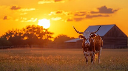 Longhorn Cow at Sunset in a Rural Field