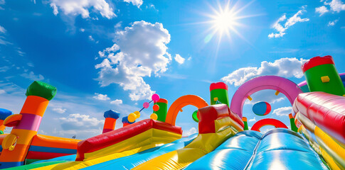 Inflatable bouncy castle on blue sky background with sun and clouds
