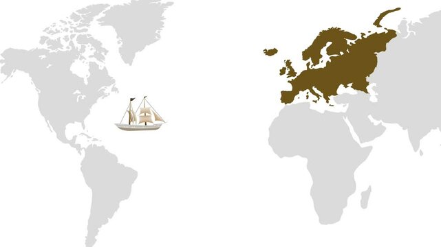Christopher Columbus's 1492 voyage from Europe to the Americas, Columbus's historic journey, with visual cues showing the connection between Europe and the New World