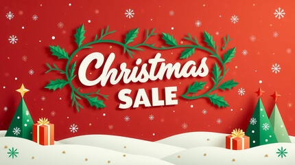 A vibrant Christmas sale banner showcases bold, festive typography against red and green backgrounds, adorned with holiday decorations like trees and gifts, perfect for seasonal promotions