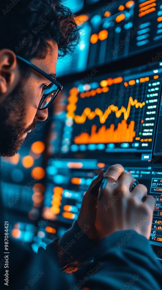 Aufkleber a man in glasses looks intently at stock market data on a computer screen, his hand moving a mouse t