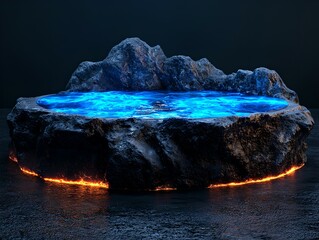 A glowing podium rocky terrain, illuminated by fiery edges, creates a striking, mystical scene. Pedestal stage for presentation