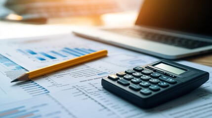 Calculator and pencil rest on a financial report, surrounded by documents and a laptop, highlighting the importance of accurate payroll and accounting