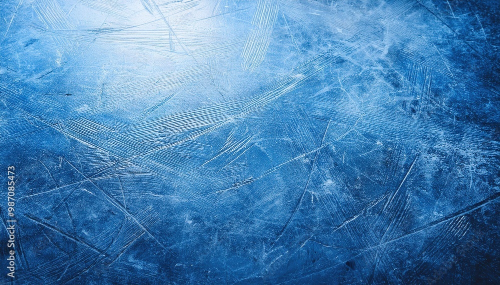 Poster close-up of skating rink ice surface with intricate skate blade marks and scratches, capturing the t