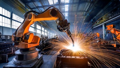 A detailed view of a robotic welding system operating within an aerospace factory, showcasing advanced technology and precision. The robotic arm is engaged in welding tasks, surrounded by high-tech
