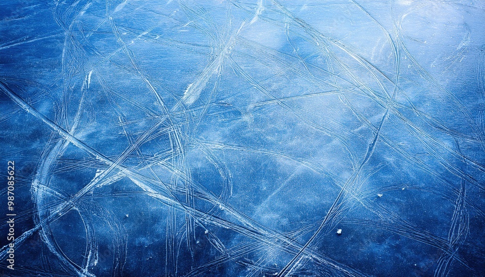 Poster close-up of skating rink ice surface with intricate skate blade marks and scratches, capturing the t