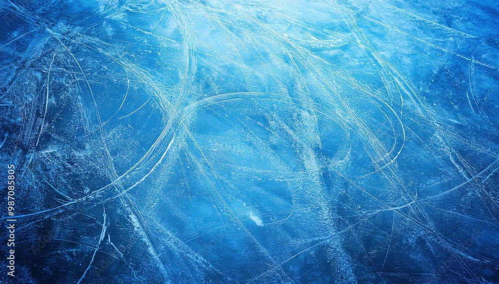 Poster close-up of skating rink ice surface with intricate skate blade marks and scratches, capturing the t