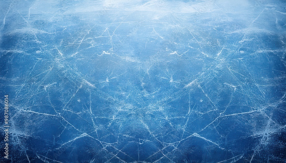 Poster close-up of skating rink ice surface with intricate skate blade marks and scratches, capturing the t