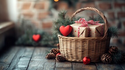 Christmas Gift Basket With Pine Branches and Hearts