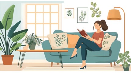 A cozy living room scene with a woman reading on a sofa surrounded by plants and artwork, creating a serene and stylish atmosphere.