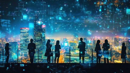 Fototapeta premium Silhouettes of People Overlooking a Futuristic Cityscape