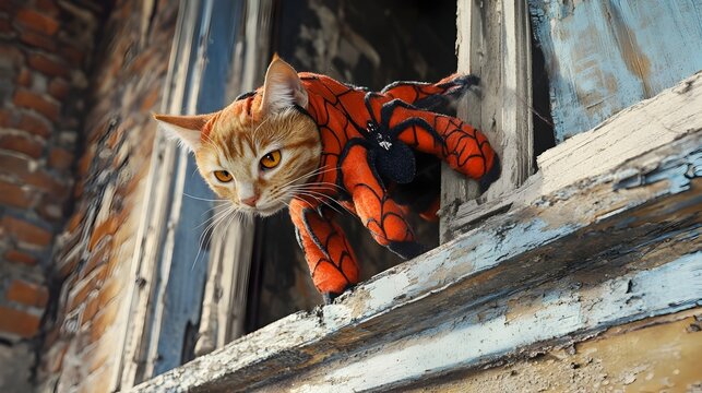 Playful cat in spider costume climbing up the porch of a haunted house during the Halloween season  The feline appears mischievous and ready to trick or treat on this spooky autumn evening