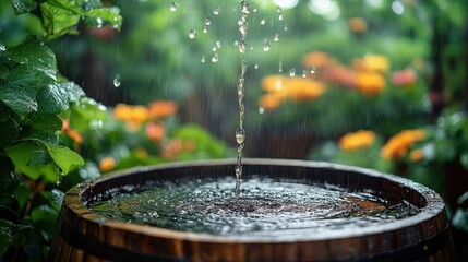Water Flowing from Wooden Barrel into Garden on a Rainy Day


