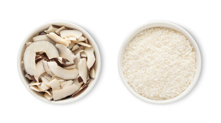 Bowls with sweet dried organic coconut flakes and slices isolated on white background.Top view.