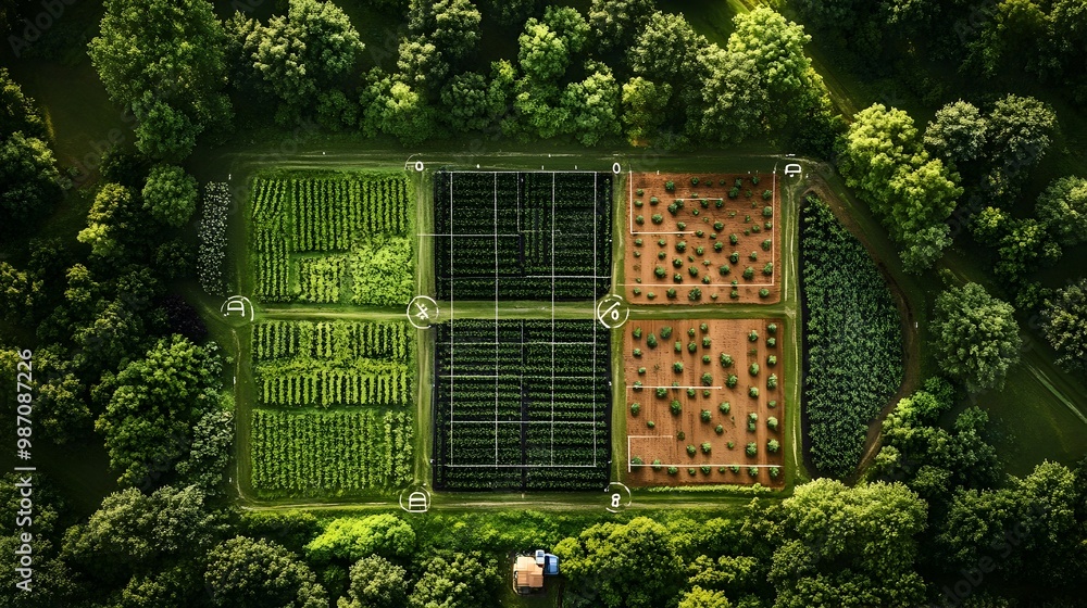 Aufkleber precision agriculture layout with clearly marked zones for different crop types from aerial view