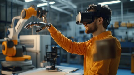 engineer wearing virtual reality goggles interacts with a robotic arm