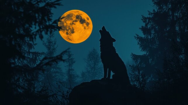 A silhouette of a werewolf howling at a full moon in a forest