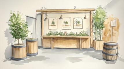 A cozy interior showcasing a wooden counter, art, and greenery, ideal for a modern rustic aesthetic in design.