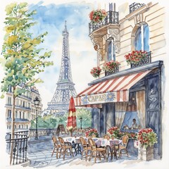 Charming Parisian cafe with Eiffel Tower view and colorful flowers in watercolor style