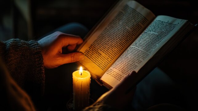 A person reading a ghost story book by candlelight in a darkened room