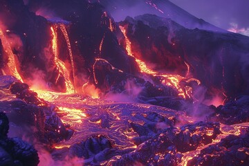 A lava flow is seen coming out of a volcano
