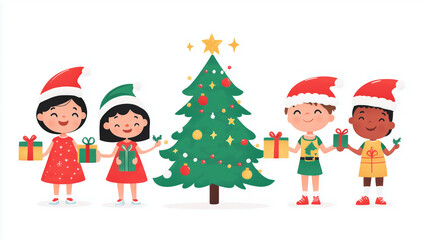 Children of different races, wearing Christmas hats and holding gifts around the green Christmas tree, flat design illustration, white background, minimalism, simple lines, cute style. Children around