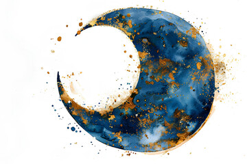 Watercolor blue crescent moon with gold glitter on a white background, An Islamic abstract design depicting a night sky. Blue and beige colors. A brush painting with paint splashes and drips 