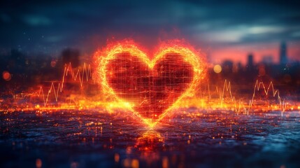 Fiery Heartbeat Pulse with City Skyline Background