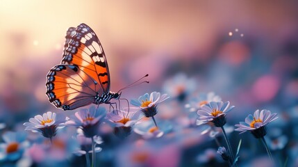 Butterfly on Flowers in a Field