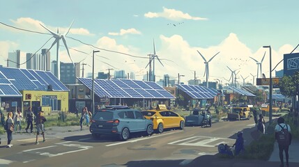 Naklejka premium Renewable Energy Powering Sustainable Urban Revitalization and Community Empowerment Expansive solar farms wind turbines electric vehicles