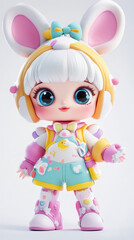 Adorable IP character design, 3D rendering, colorful clothing, standing on a clean white background, showing a playful and cute beauty.