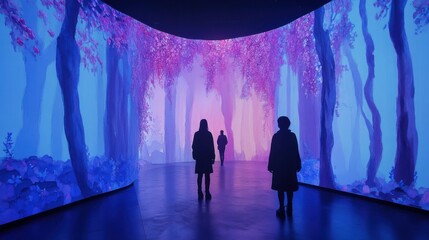 A mesmerizing art installation featuring vibrant colors and silhouettes in a dreamlike forest environment.
