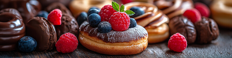 A plate of assorted desserts including a chocolate donut with raspberries on top. Wide format...