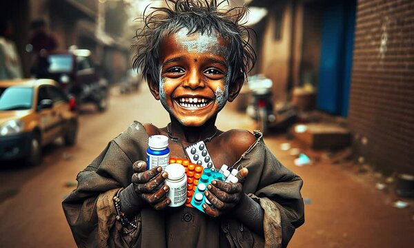 Smiling Child Holding Medicine in Poverty-Stricken Street | Hope and Healthcare Access in Underserved Communities
