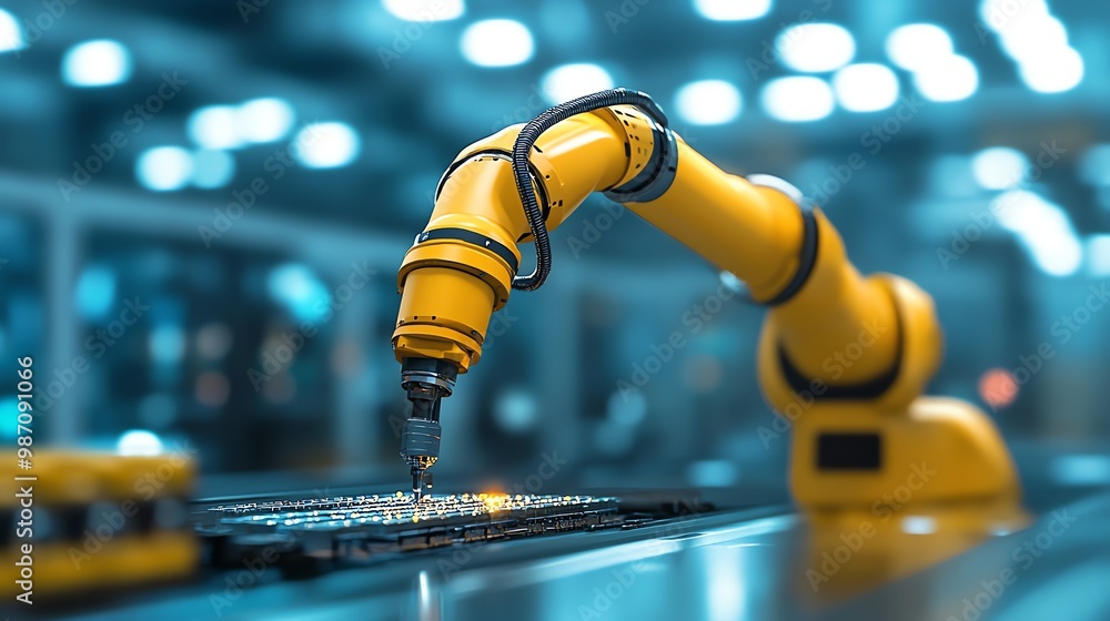Aufkleber a robotic arm works on an electronic circuit board in a factory setting.