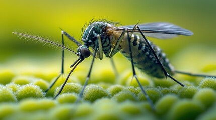 Fototapeta premium A close-up of a mosquito perched on a green leaf.