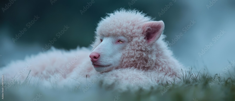 Sticker  A tight shot of a sheep reclining in a lush grass field, its head tilted to one side